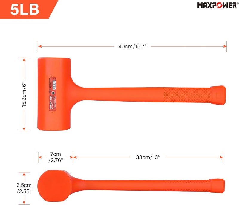 Max Power Dead Blow Hammer, 5 LB dead Blow Mallet with Checkered Grip Handle, Spark and Rebound Resistant - Orange - Image 2